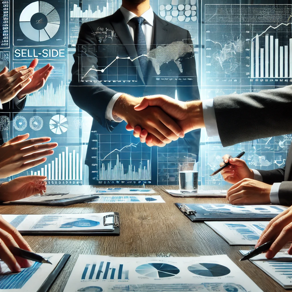 A business meeting or transaction scene showing executives or financial professionals shaking hands in front of a backdrop with data charts, spreadshe. Sell-side M&A process guide (2)