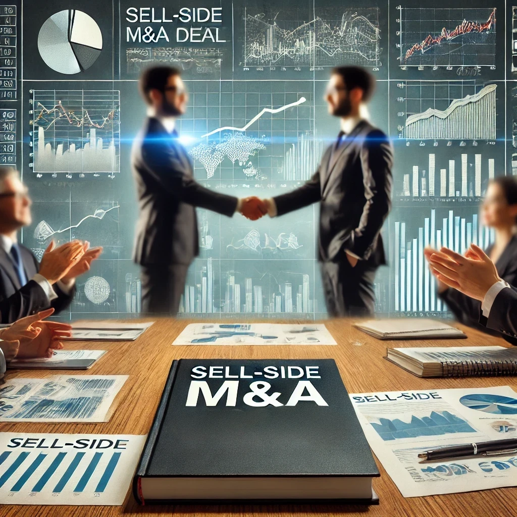 A business meeting or transaction scene showing executives or financial professionals shaking hands in front of a backdrop with data charts, spreadshe