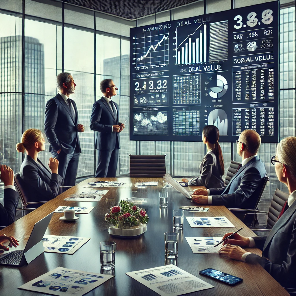 A close-up scene in a modern boardroom during an investment banking M&A deal presentation.