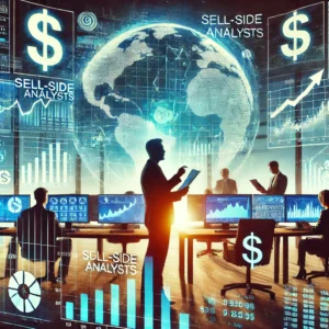 An image focusing on the financial relationships behind sell-side analysts profiting in the market. It shows a close-up of an analyst handing a report