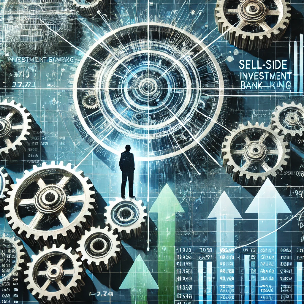 A futuristic and abstract representation of sell-side investment banks driving market efficiency. The image includes a network of interconnected gea