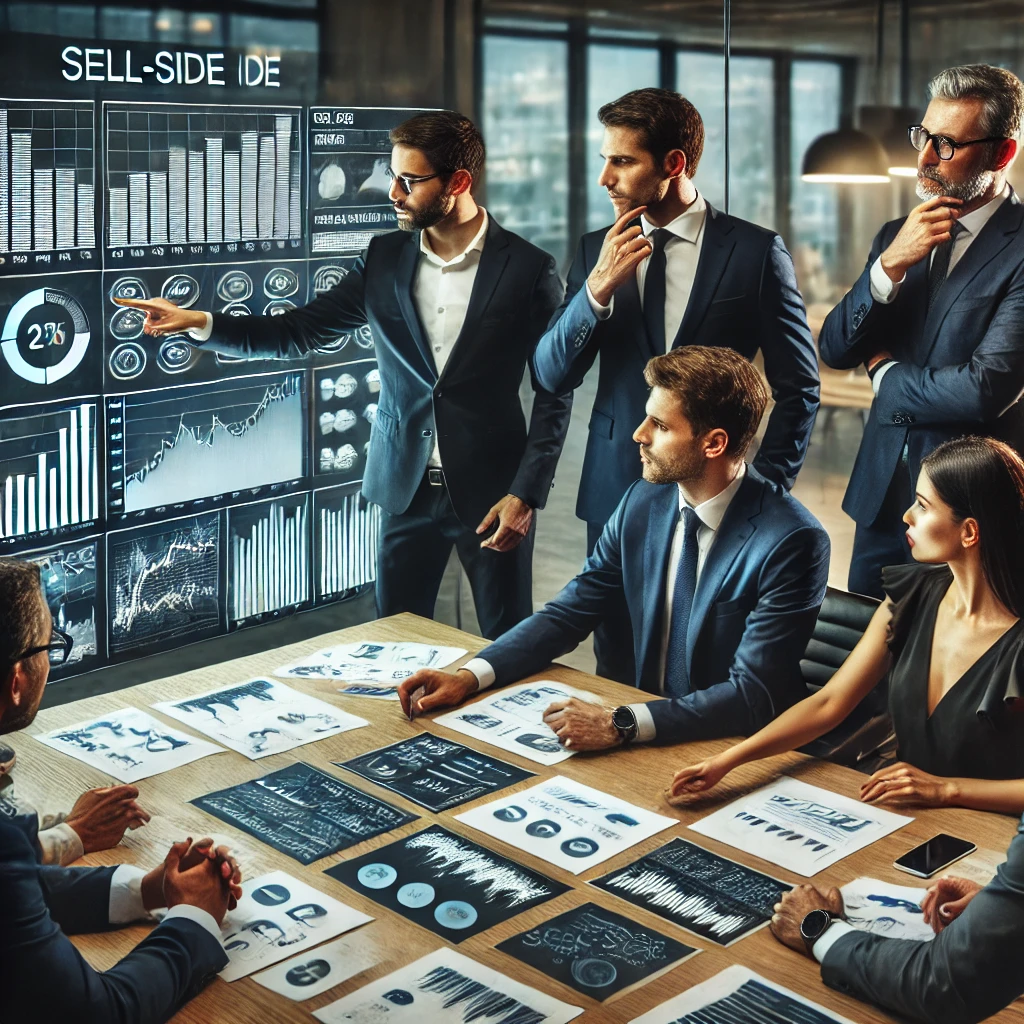 A group of professionals analyzing a deal timeline in a sell-side M&A setting. They are gathered around a table with documents, charts, and a digital