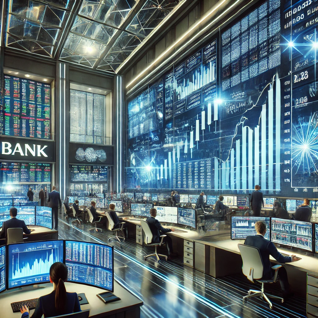 A high-tech trading floor with large digital stock market screens, analysts working at computers, and bank logos in the background, showcasing a future at sell-side investment banks
