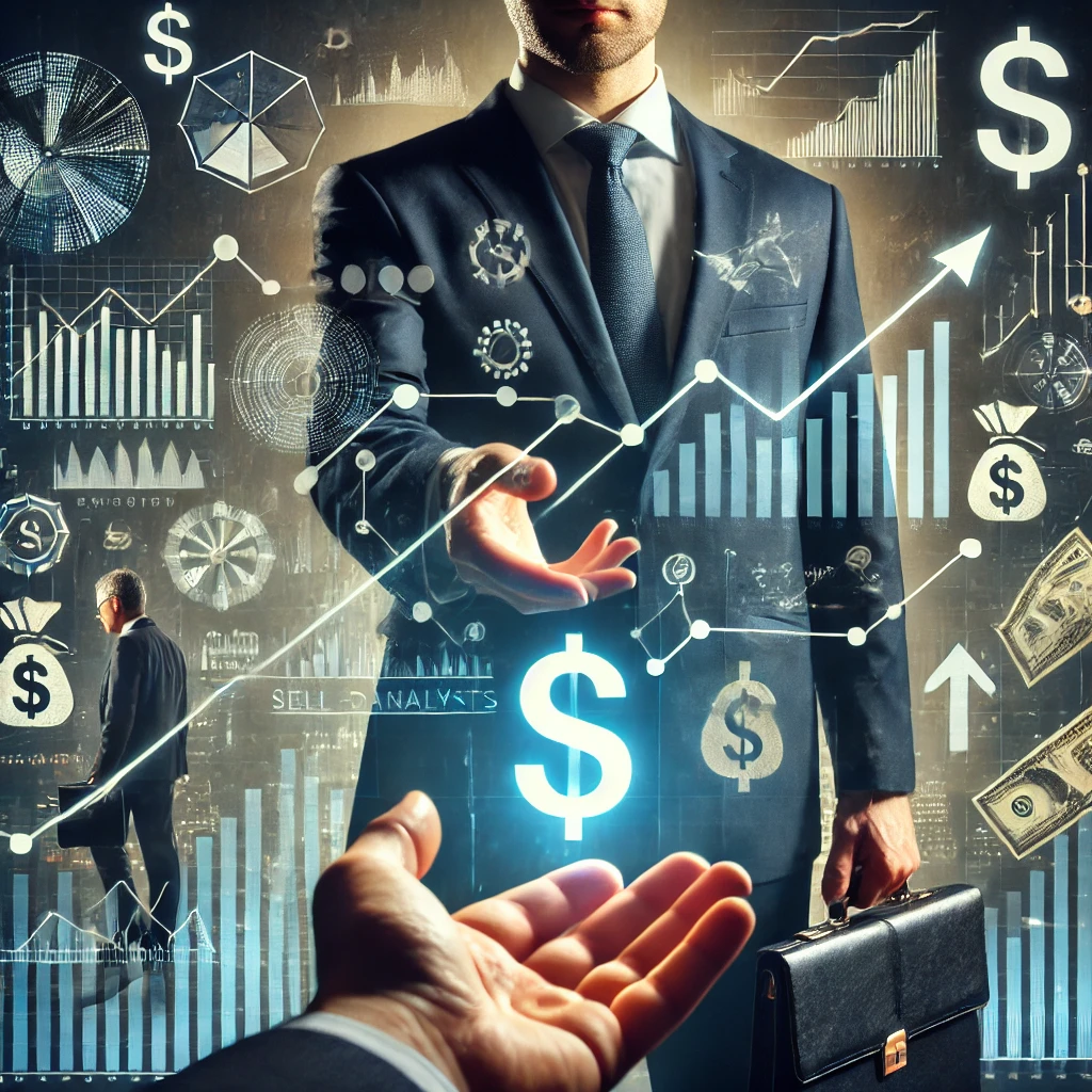 An image focusing on the financial relationships behind sell-side analysts profiting in the market. It shows a close-up of an analyst handing a report