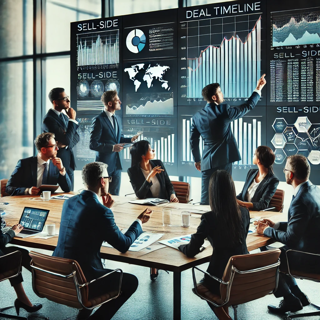 A team of business professionals intensely analyzing a deal timeline for a sell-side M&A transaction. The group is gathered around a conference table,